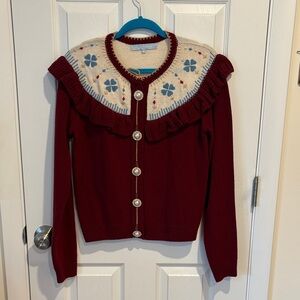 Hill House Burgundy Cardigan with Ruffle and Pattern